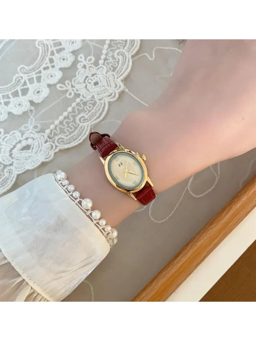 Women's Red Vintage Oval Analog Quartz Roman Numeral Dial Leather Strap Watch